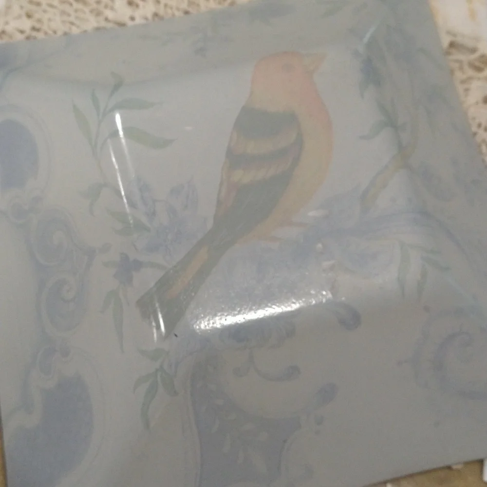 Decoupage decorative bird glass dish bowl blue white grand millennial 10 1/2” sq